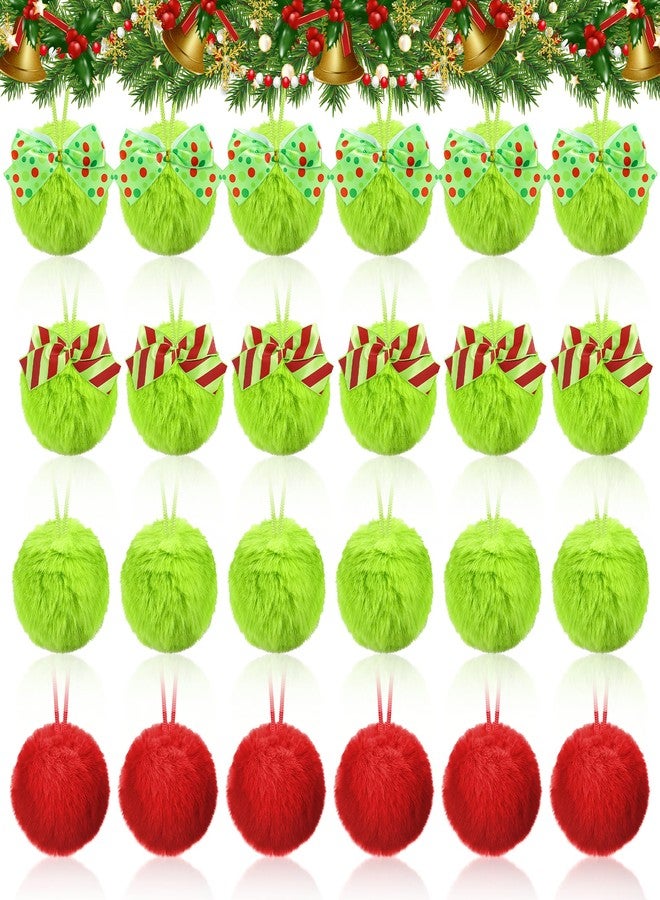 Vynium 24 Pcs Red Green Furry Christmas Ball Ornaments, 3.15 Inch Large Decor Ball with Bows, Christmas Hanging Decorations Lime Green Soft Faux Fur Pom Pom Balls Decor for Xmas Tree Party Supplies - Image 1